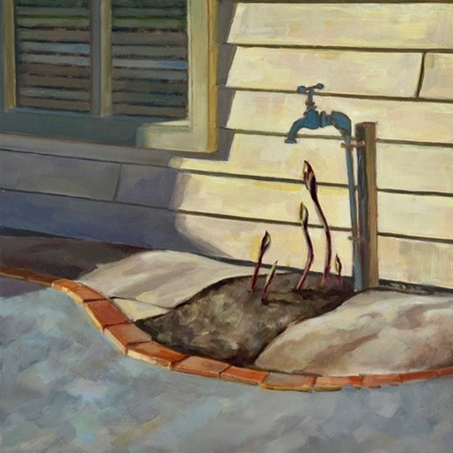 Sarah More - Spring Renewal - Acrylic painting of new life in a backyard under a dripping tap..jpg