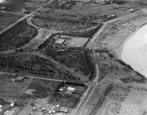 Black and white Aerial view of the park and nearby beach from 1936