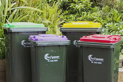 organics, recycling and landfill bins