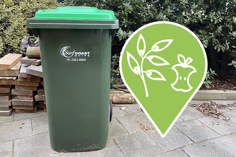 FOGO bin with a green teardrop icon showing a leaf and apple core